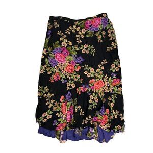 Vintage 90s Reversible Floral Maxi Skirt L Black Blue Elastic Waist Grunge Boho